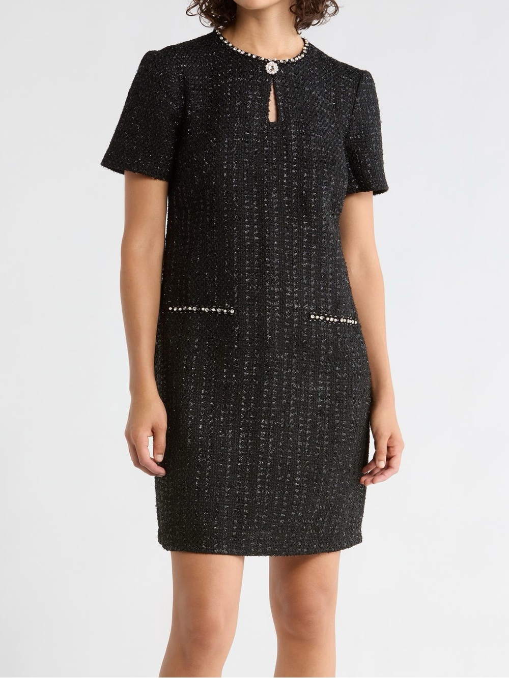 Eliza J Black Tweed Short Sleeve Shift Dress with Pearl Accents